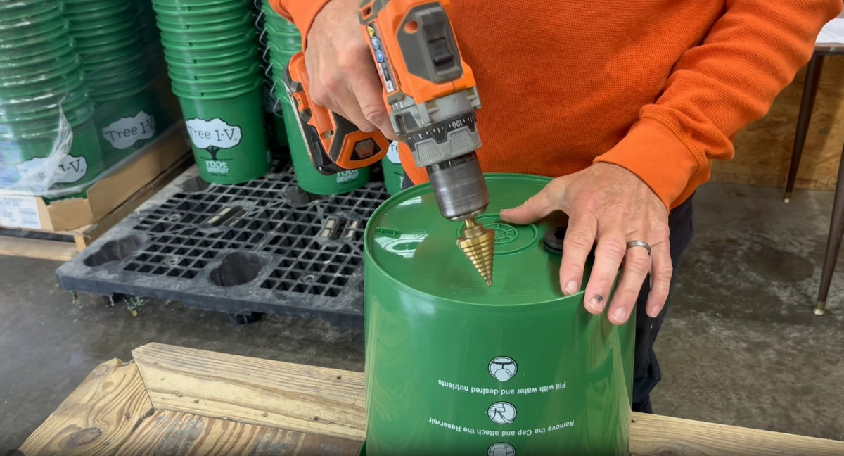 Man shows how to drill a hole in the bottom of a bucket and install the rubber grommet seal of a Tree I-V Root Feeder, then shows how to use it watering a flowering bush.