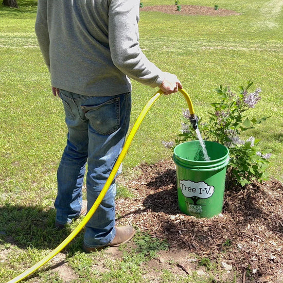 Short video of a man showing the parts and easy installation of a Tree I-V Base Root Feeder on a small flowering bush. He procedes to fill the Reservoir then move on to a mulched area where he fills 4 more Tree I-V's, first with a garden hose, then with an XUV carrying a water tank with a powered pump. Final scene is an indication of how the water percolates into the root well of the trees.