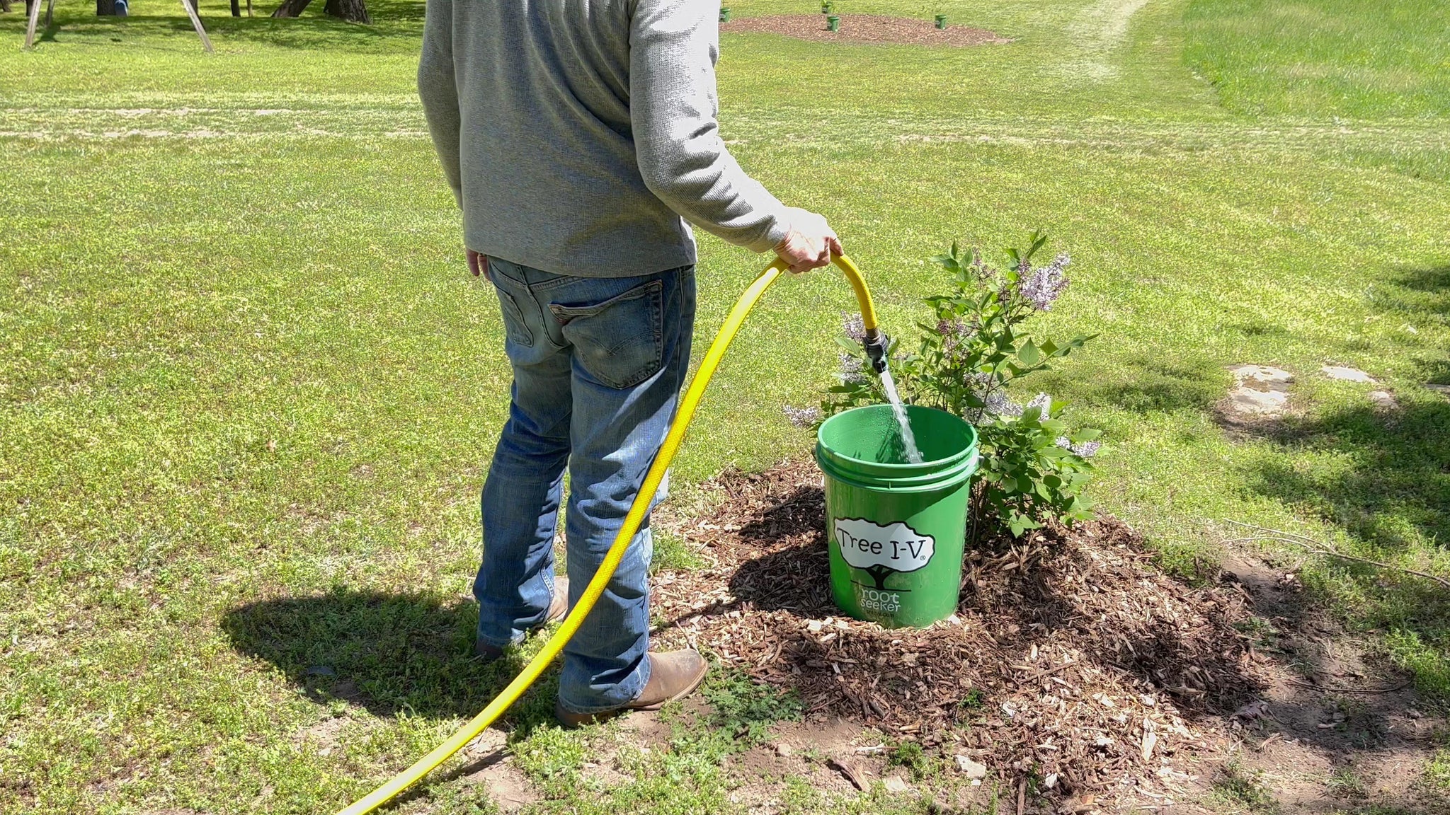 Short video of a man showing the parts and easy installation of a Tree I-V Base Root Feeder on a small flowering bush. He procedes to fill the Reservoir then move on to a mulched area where he fills 4 more Tree I-V's, first with a garden hose, then with an XUV carrying a water tank with a powered pump. Final scene is an indication of how the water percolates into the root well of the trees.